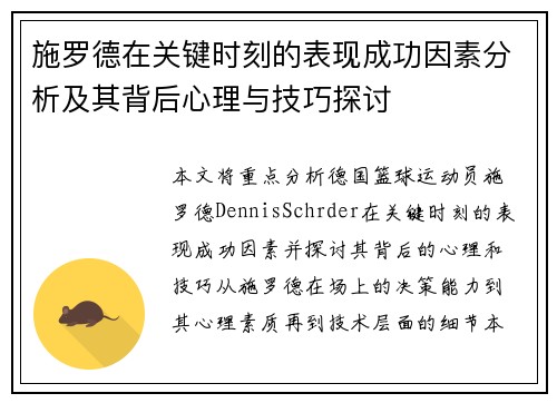 施罗德在关键时刻的表现成功因素分析及其背后心理与技巧探讨